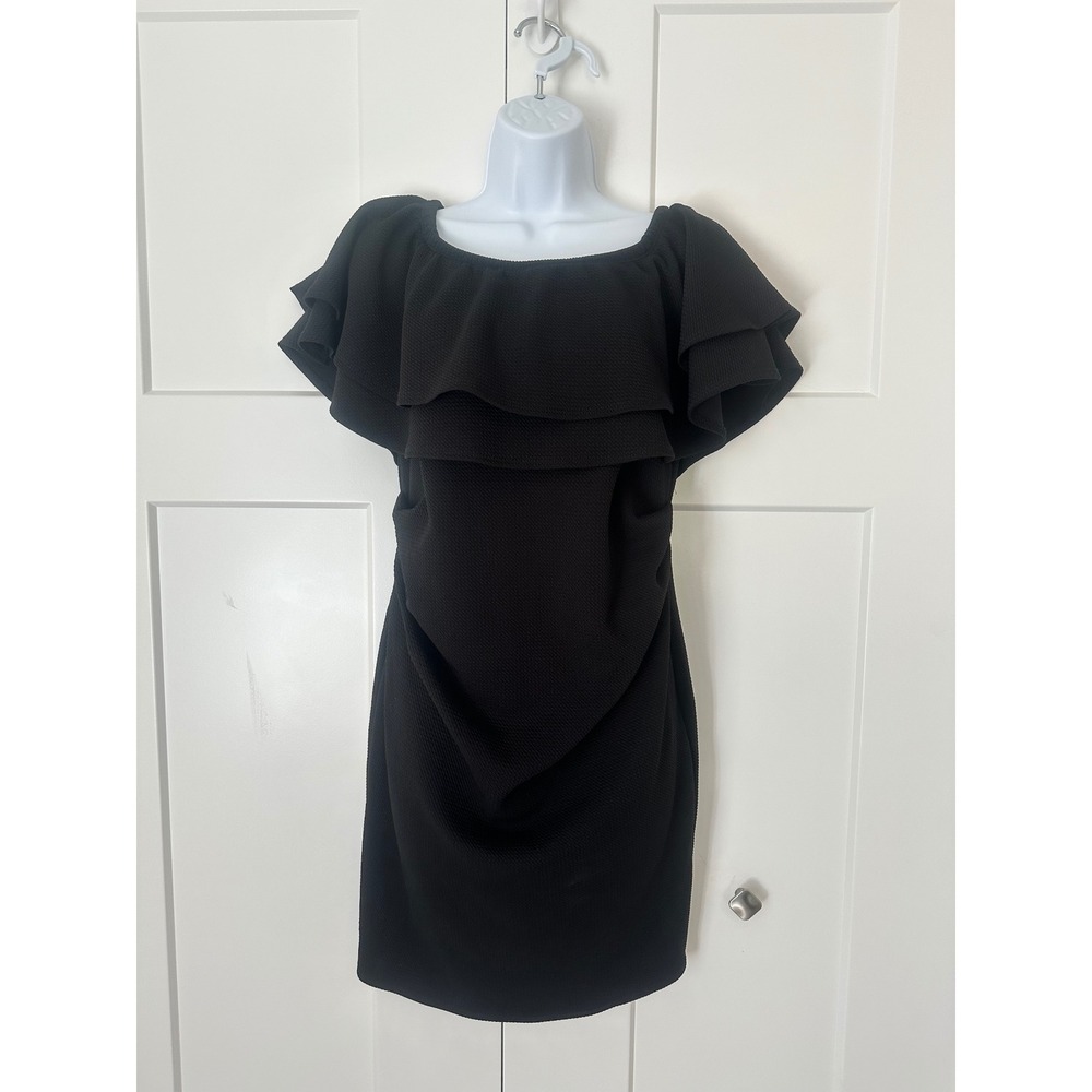 PinkBlush Maternity Black Ruffle Off Shoulder Ruched Bodycon Dress Medium